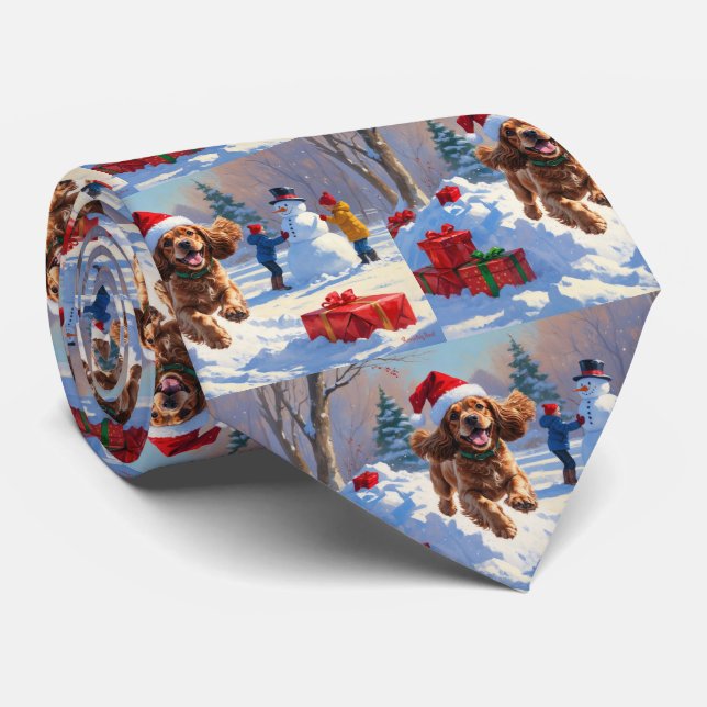 Gravata Cocker Spaniel Correndo na Neve com Chapéu de Nata (Rolled)