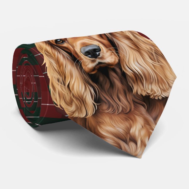 Gravata Cocker Spaniel de Férias com Xadrez de Natal (Rolled)