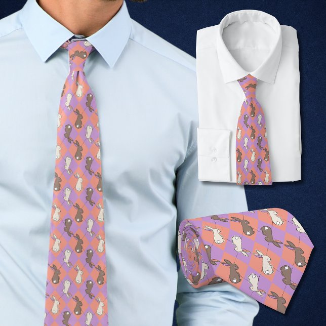 Gravata Coelho de Primavera Rosa e Roxo Pastel Argyle  (Easter tie with rabbits is perfect for spring in pastel argyle of pink and purple. )