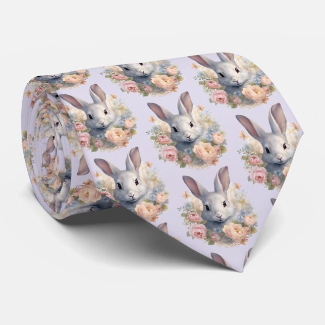 Gravata Coelho Rodeado por Flores Pastel Cute Pattern (Rolled)