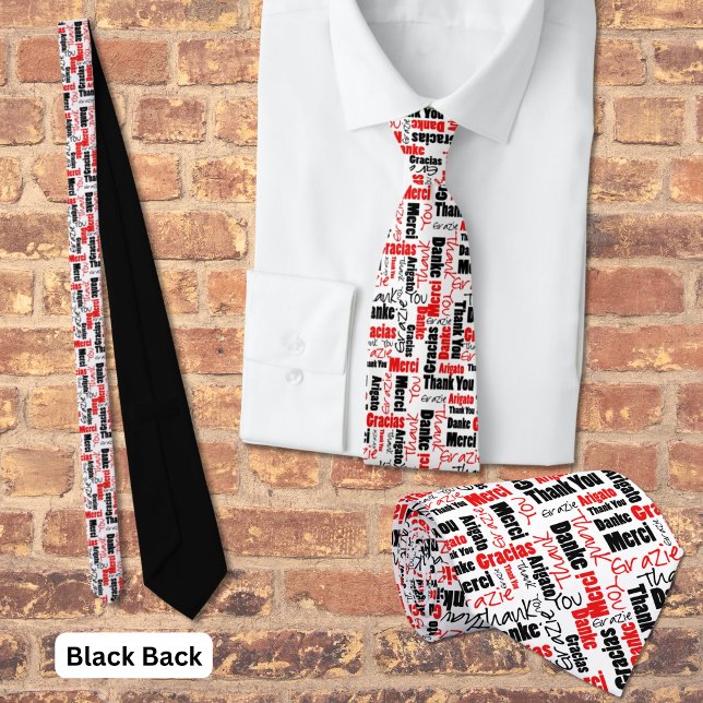 Gravata Colagem Multilíngue Grata Tipografia Preto Vermelh (Red and black multilingual thank you word cloud business tie. )