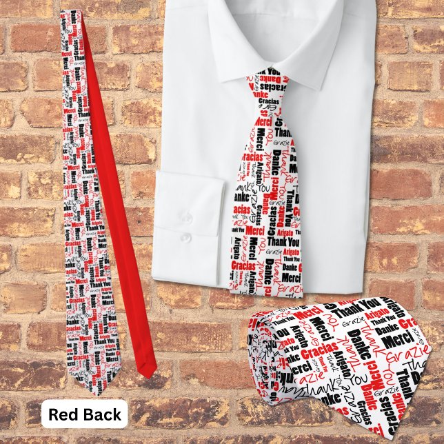 Gravata Colagem Multilíngue Grata Tipografia Vermelha Pret (Red and black multilingual thank you word cloud with red back. )