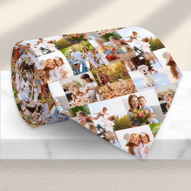 Gravata Colar de 8 Fotos Personalizado para o Dia do Pai (A stylish tie personalized with 8 photos in a repeating collage pattern)