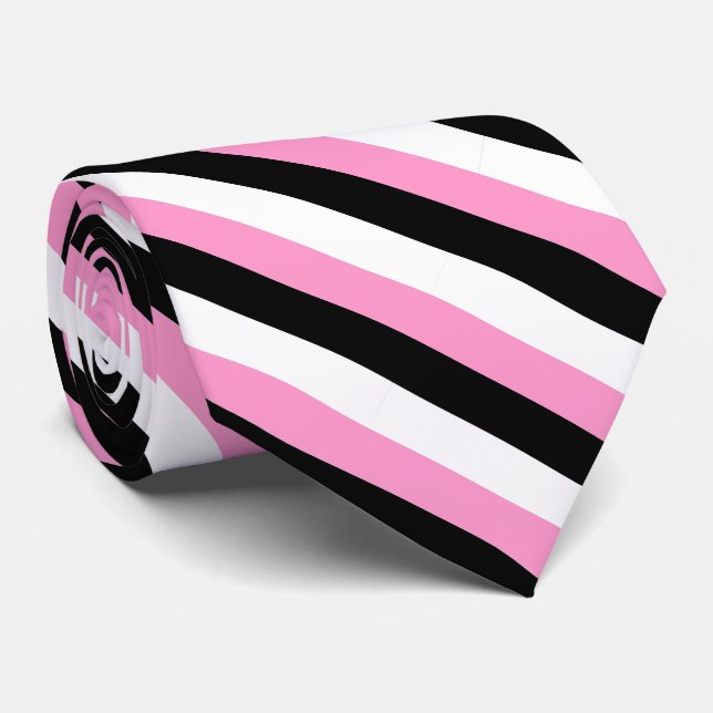 Gravata Colar de Estrias Diagonais a Preto, Rosa e Branco (Rolled)