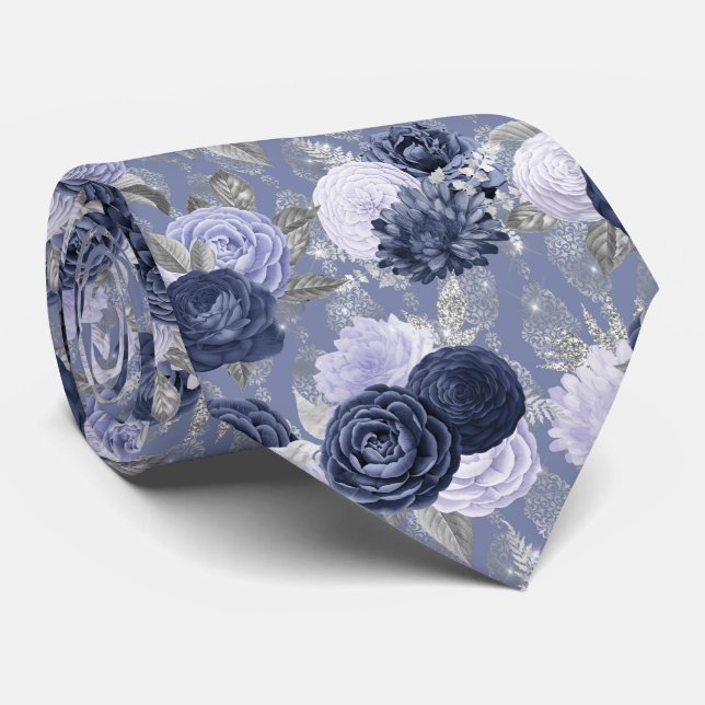 Gravata Colar Floral de Nave Dusty Blue e Silver (Rolled)