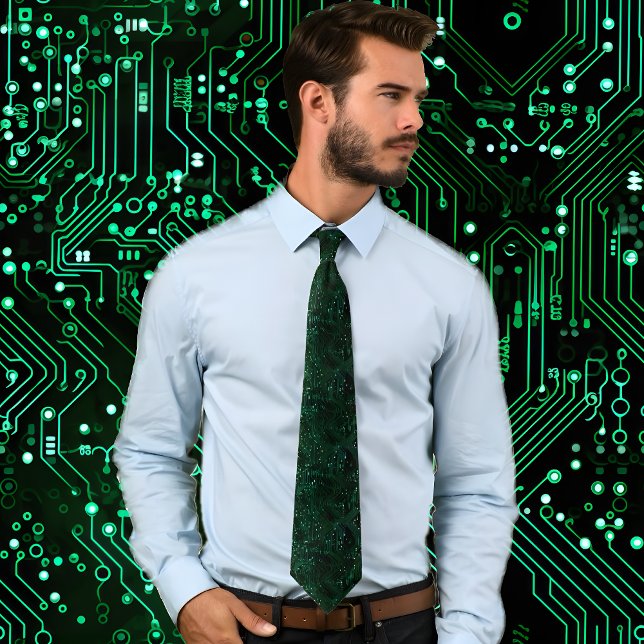 Gravata Coletor de Conselho de Circuito Eletrônico Verde (Man wearing Green Electronic Circuit Board Pattern Neck Tie stands against background matching tie.)