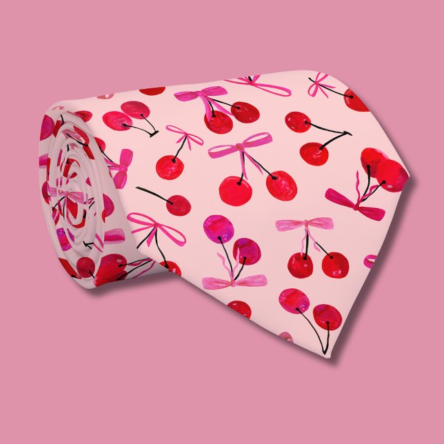 Gravata Colette Cherry & Pink padrão de Arco (Cute cherry & bow, coquette aesthetic neck tie)