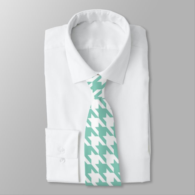 Gravata Colheita de Teal e White Houndstooth (Amarrado)