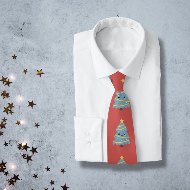 Gravata Colheita Vermelha com Árvore de Natal Kawaii (Red Neck Tie with Kawaii Christmas Tree)