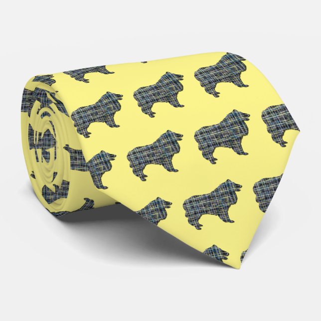 Gravata Collie Rough Dog Silhouette Grid Pescoço Amarelo (Rolled)