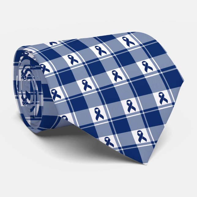 Gravata Colorectal Cancer Awareness Plaid Dark Blue Ribbon (Rolled)