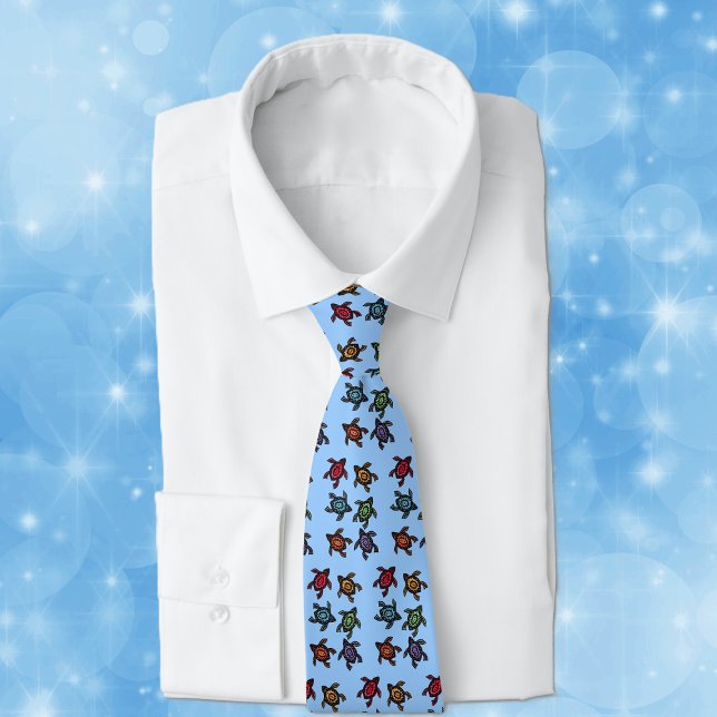 Gravata Colorida Abstrato Turtle Tie (Sbunch of little abstract turtles with coloured shells in multiple colours on blue neck tie.)
