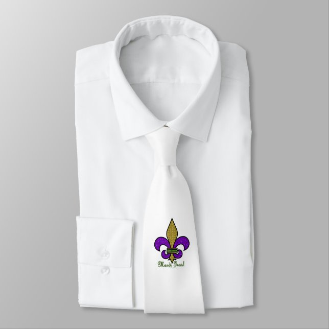 Gravata Colorida Mardi Gras Fleur De Lis em Branco (Amarrado)