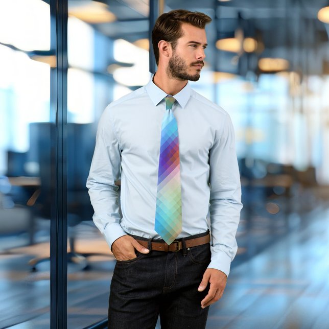 Gravata Colorida Mosaica De Vidro Colorida (A modern design tie featuring a mosaic checkered pattern in the vibrant colors of a sunset at sea)