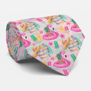 Gravata Colorida Summer Vibes Beach Flamingo Neck Tie