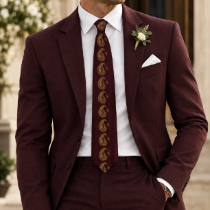 Gravata Coluna de Paisley Dourado em Burgundy Profundo com