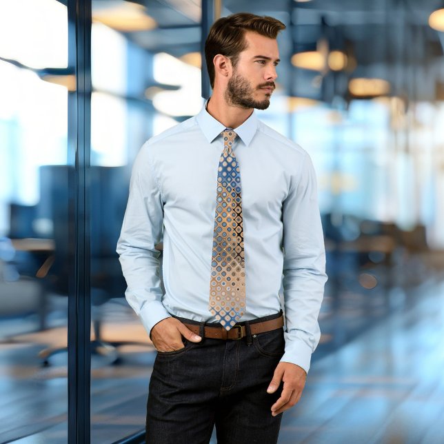 Gravata Coluna do Padrão de Pontos de Vidro Abstrato Azul  (An elegant modern design tie with a blue, grey and beige glass dots abstract pattern)