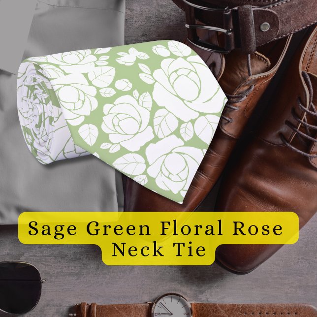 Gravata Coluna Verde Floral Rosa Branco (Sage Green Floral Rose White Neck Tie)
