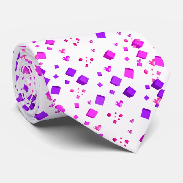 Gravata com Cubos e Corações Rosa e Roxo (Rolled)
