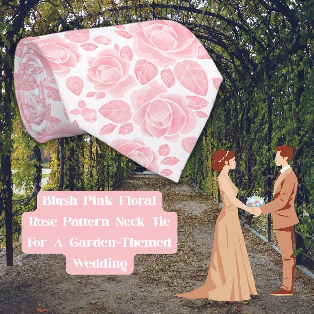 Gravata com Estampa de Rosa Floral Rosa Corado (Blush Pink Floral Rose Pattern Neck Tie)
