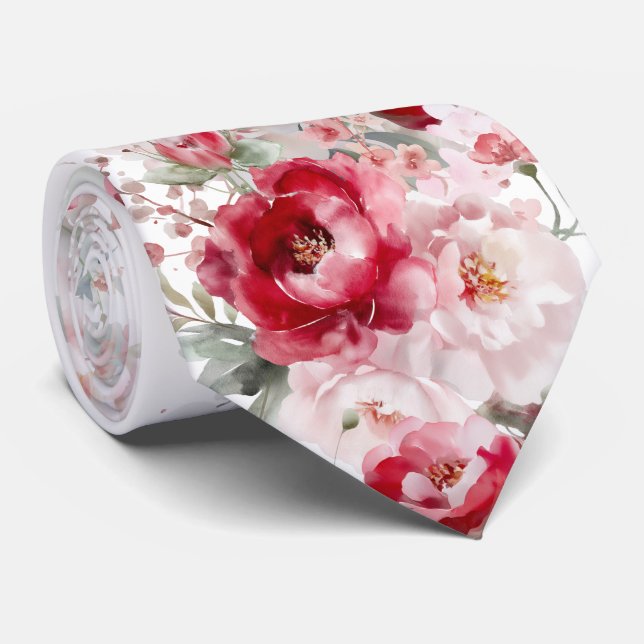 Gravata com Flores Vermelhas Brancas (Rolled)