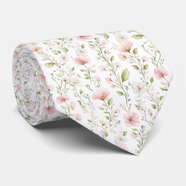 Gravata com padrão de flores brancas rosa delicada (Rolled)
