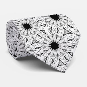 Gravata com Padrão de Mandala Floral Preto e Branc