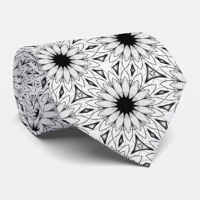 Gravata com Padrão de Mandala Floral Preto e Branc (Rolled)