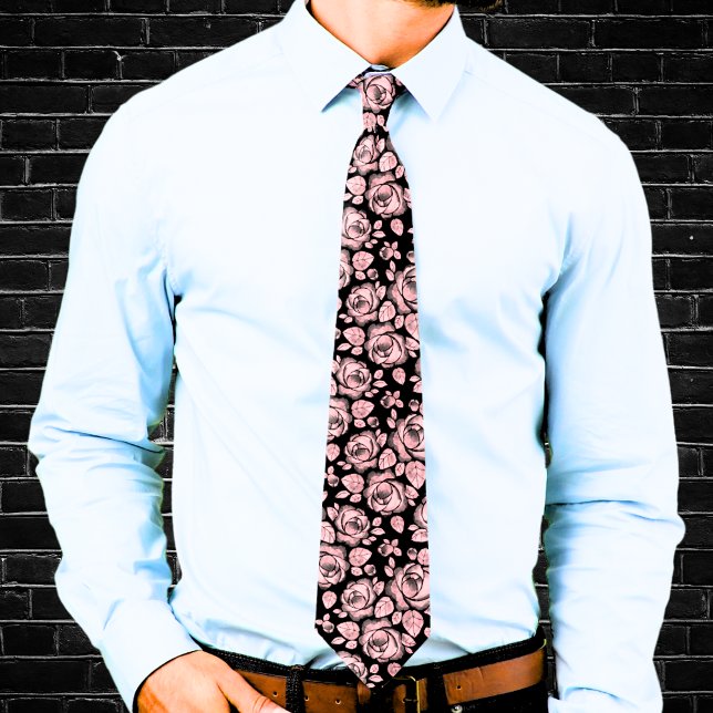 Gravata com Padrão de Rosa Floral Rosa Corada (Blush Pink Floral Rose Pattern Neck Tie)