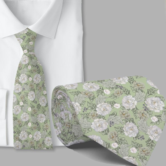 Gravata com Padrão Floral em Flores Verde Sálvia (Criador carregado)