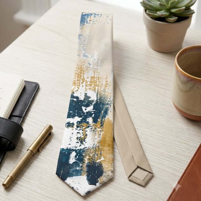 Gravata com Pinceladas Abstratas Modernas em Azul  (Bold navy and gold brushstrokes for the modern professional seeking an elevated office look.)