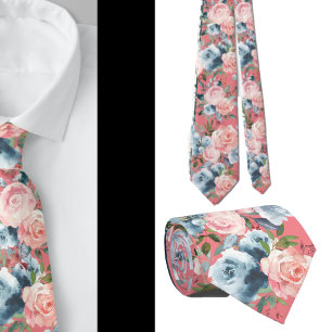Gravata com Rosas Rosa e Azul Flores Padrão Floral