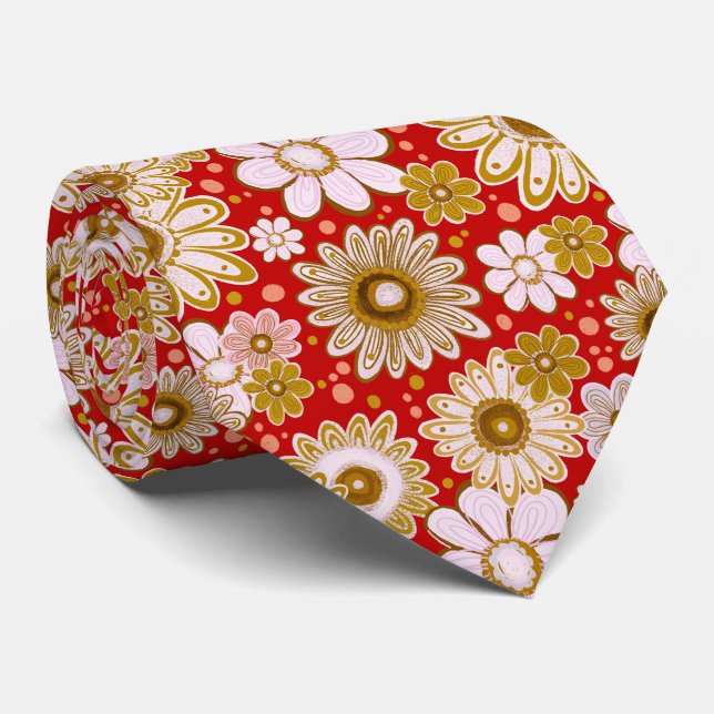 Gravata com Vibes de Flor Vintage Vermelha (Rolled)