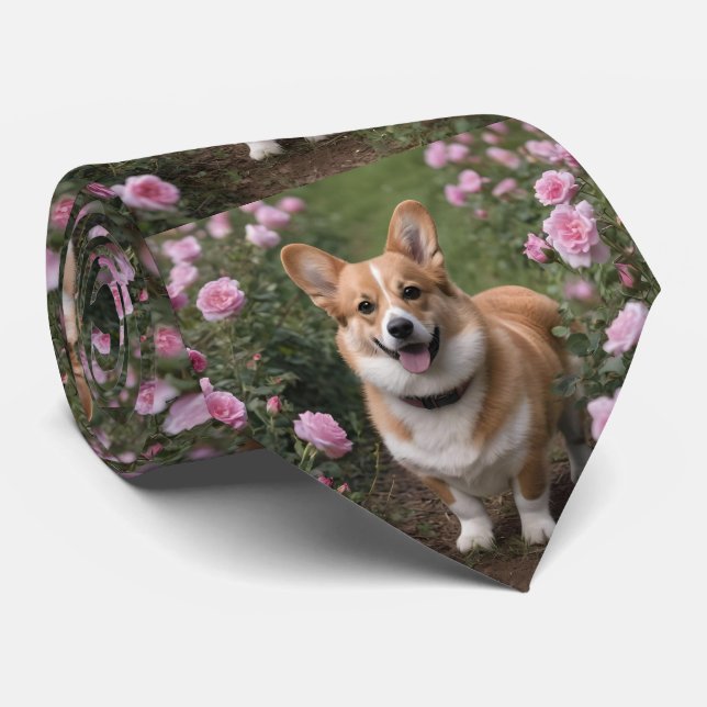 Gravata "Companheiro charmoso: um Corgi em um jardim rosa  (Rolled)