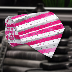 Gravata Corações de prata rosa elegante em listras