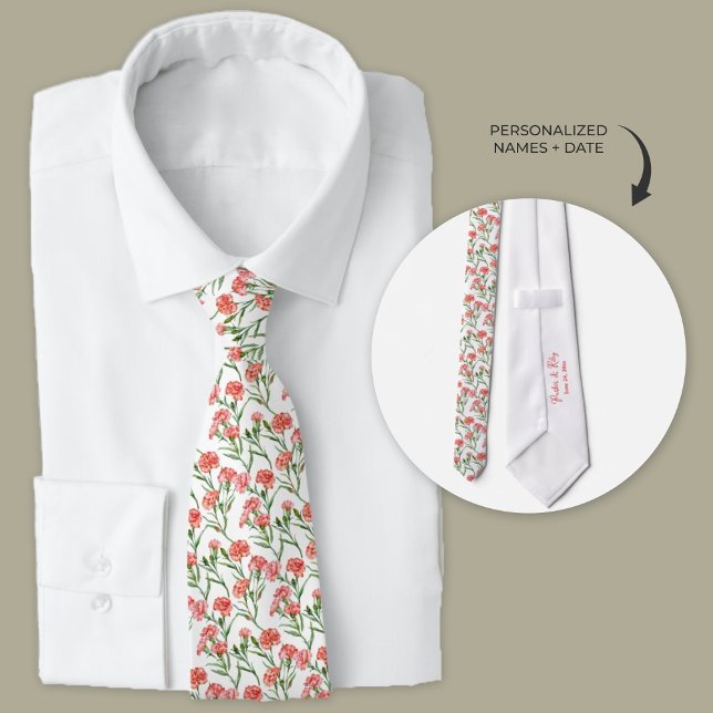 Gravata Coral Carnação Neck (Classic pink carnation pattern on white personalized wedding necktie.)