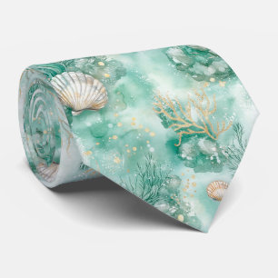 Gravata Coral Dourado Elegante e Arte de Aquarela de Seash