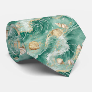 Gravata Coral Dourado Elegante e Seashell Watercolor Art (