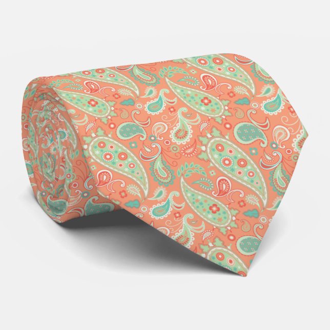 Gravata Coral Elegante & Mint Green Floral Paisley (Rolled)
