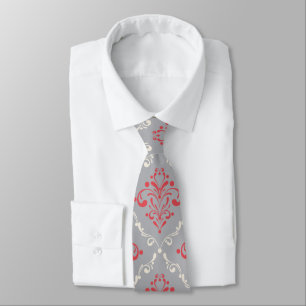 Gravata Coral Red e Cream Damask na Cinza Prateada