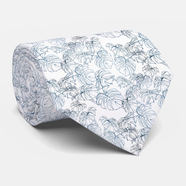 Gravata Corbata blanco con hojas azules dispersa (Rolled)