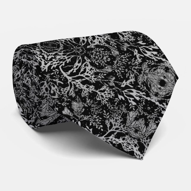 Gravata Corbata elegante negro con coral y hojas gris (Rolled)