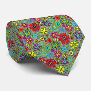 Gravata Cores Neon em Padrão Floral Retro Preto Sem Costur