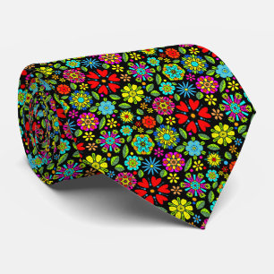 Gravata Cores Neon Em Preto Padrão Floral Sem Costura Retr