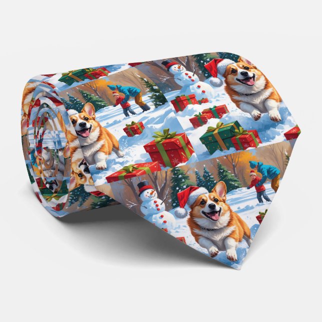 Gravata Corgi correndo em neve com chapéu de Natal (Rolled)