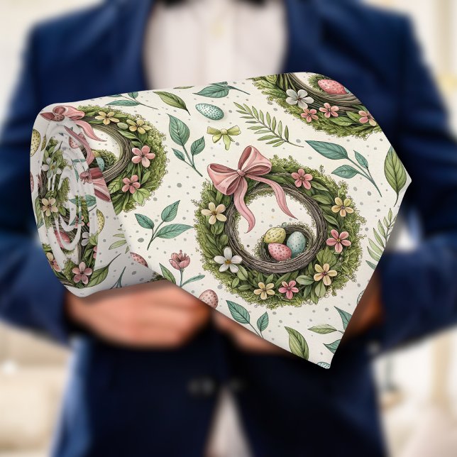Gravata Coroa de Páscoa de buxo com Laço Rosa e Ovo (Criador carregado)