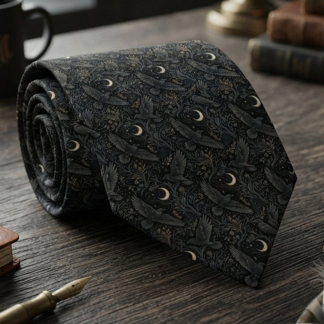 Gravata Corvo Celestial Onyx Temperamental (Celestial raven pattern necktie for dark academia scholars attending evening gatherings.)