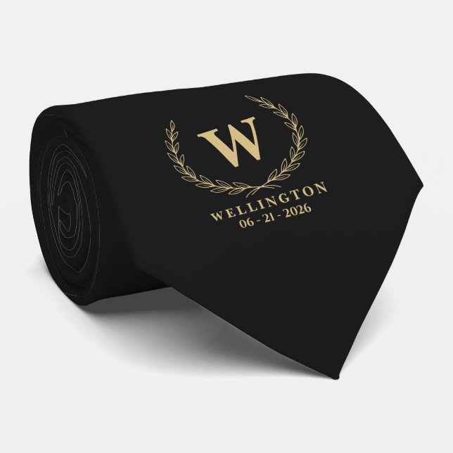 Gravata Couro de Champagne Preto Monograma de Louro Data d (Rolled)