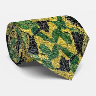 Gravata Couro de Jacaré Crocodilo Dragão Verde Amarelo