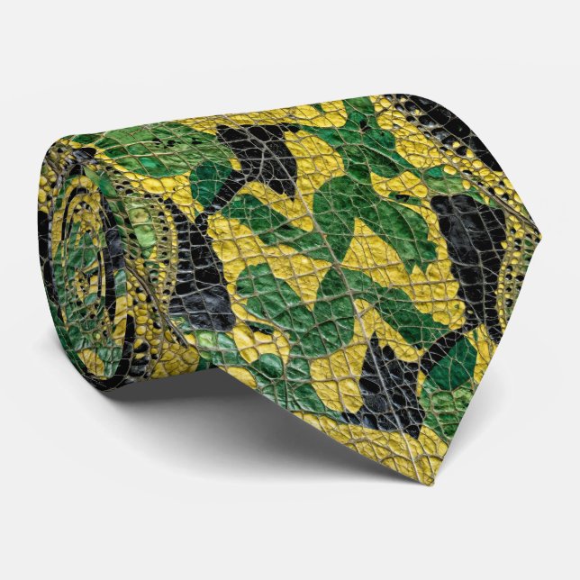 Gravata Couro de Jacaré Crocodilo Dragão Verde Amarelo (Rolled)